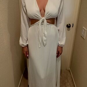 RESA White Long Sleeve Midi Dress with Front Tie